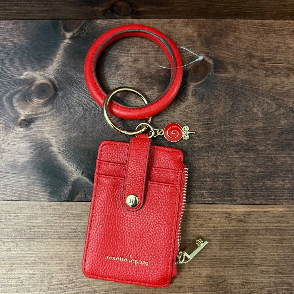 Nanette Lepore Red Pebbled Vegan Leather Bangle Keychain CardHolder Wallet Charm